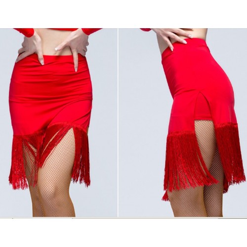 Women girls black red colored fringed latin dance skirt rumba salsa chacha dance competition side slit skirts for female